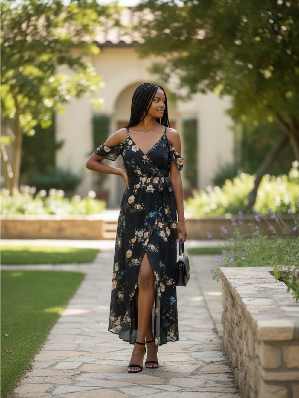 Japna Navy Floral Lace Cold-Shoulder High-Low Wrap Dress